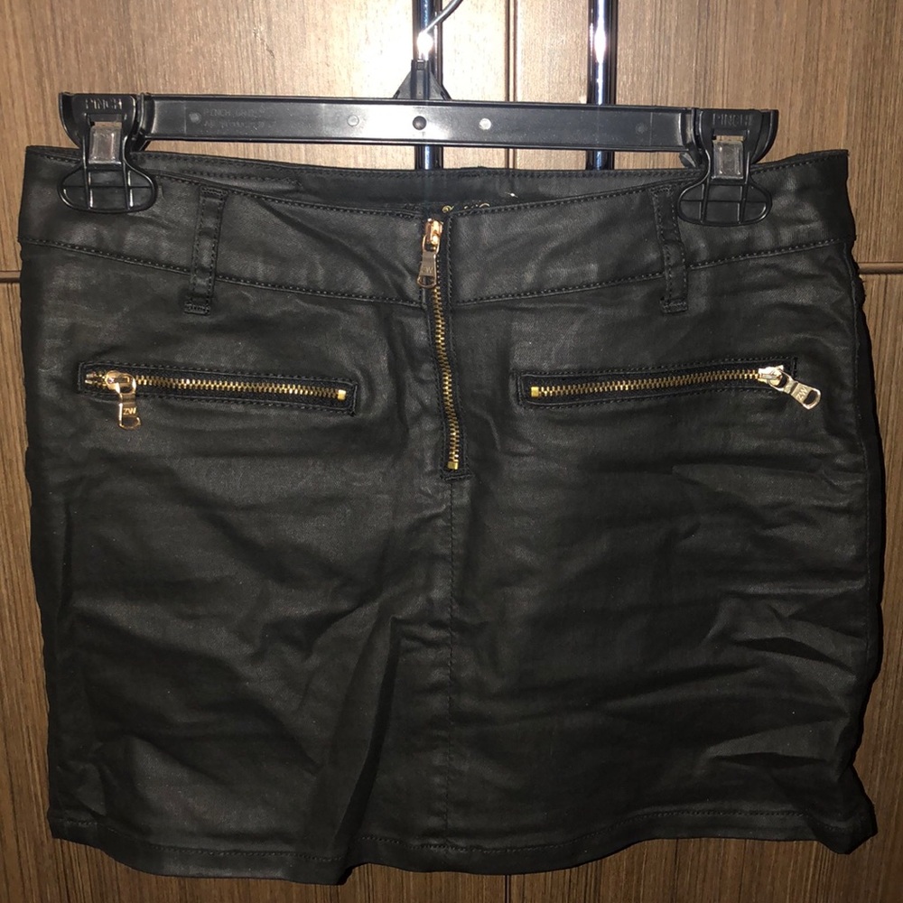 Black wax coated mini skirt